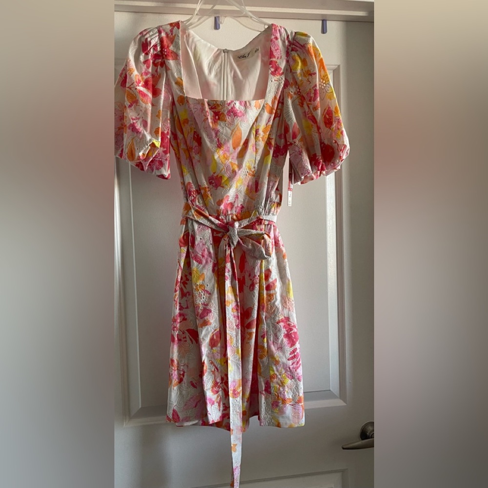 Eliza J Floral Print Puff Sleeve Eyelet Cotton Dress